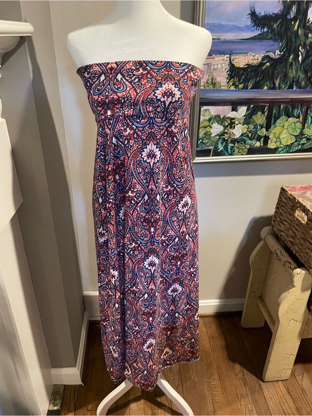 Comfy Soft Strapless Paisley Maxi Dress/skirt in Navy Red and White